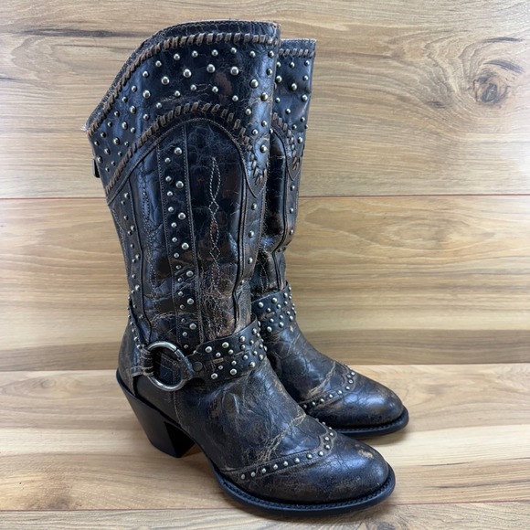 DAN POST Sexy Back Harness Boots 6.5 M Distressed Black Brown Studded Heeled - Picture 2 of 11